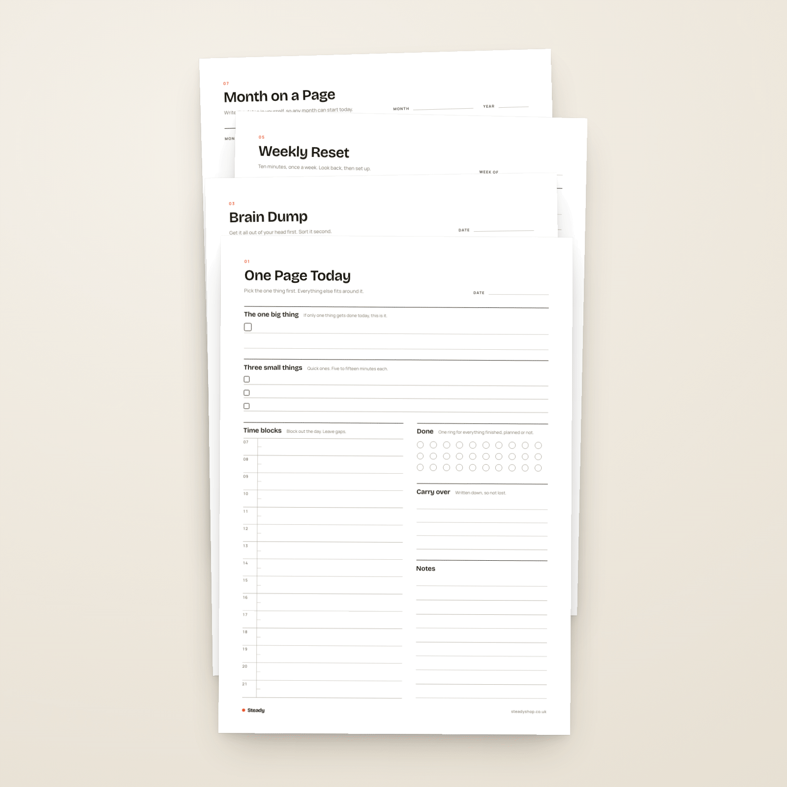 The Steady Paper Kit, printed pages on a desk